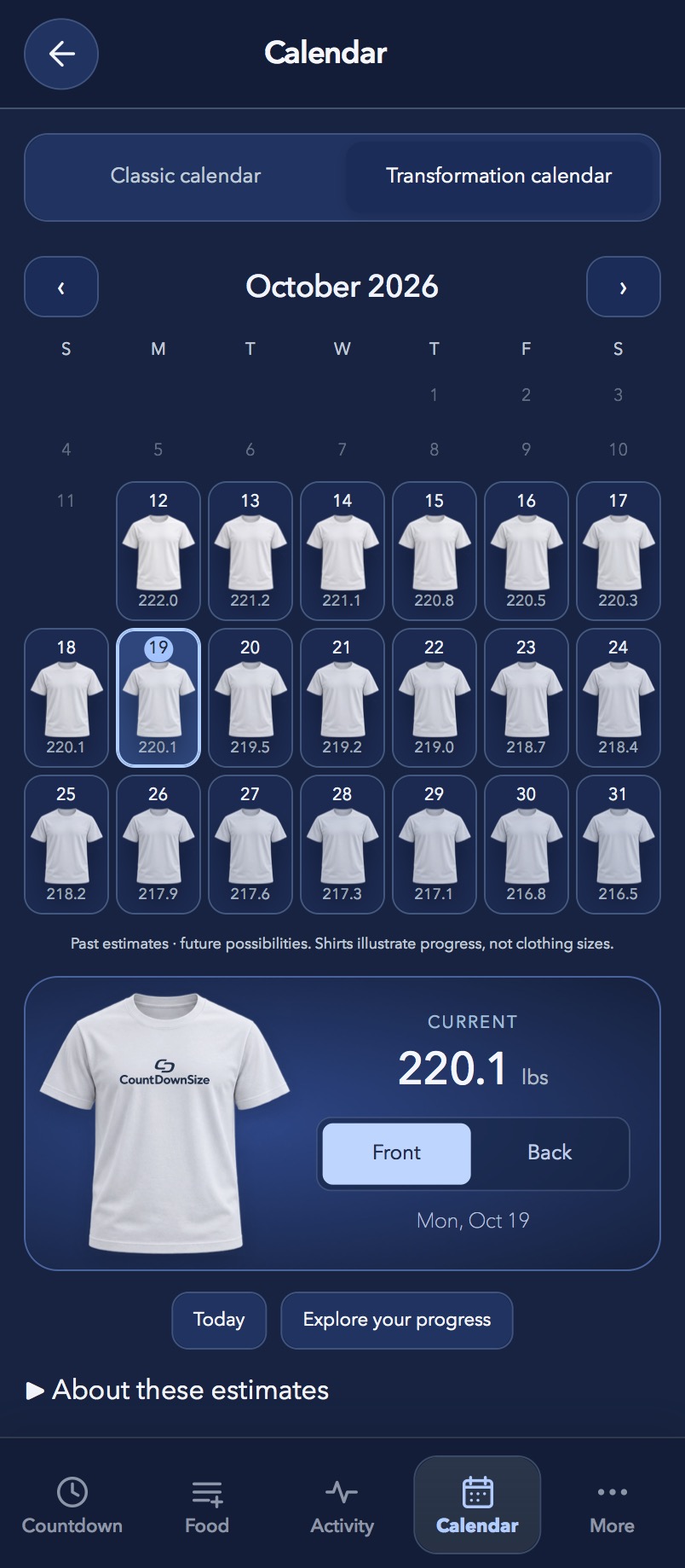 Real CountDownSize visual calendar showing daily shirt illustrations, modeled weights and a selected day