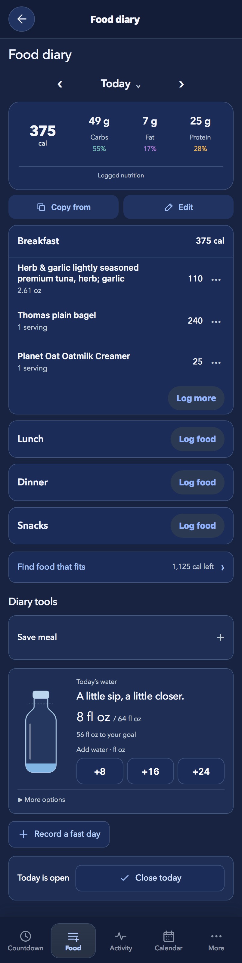 Food diary showing logged breakfast items, calories and a filling water-bottle tracker